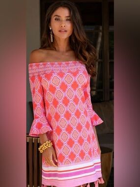 CABANA LIFE NWT Coral Geo Off The Shoulder Coverluxe Dress UPF 50+ Size XL